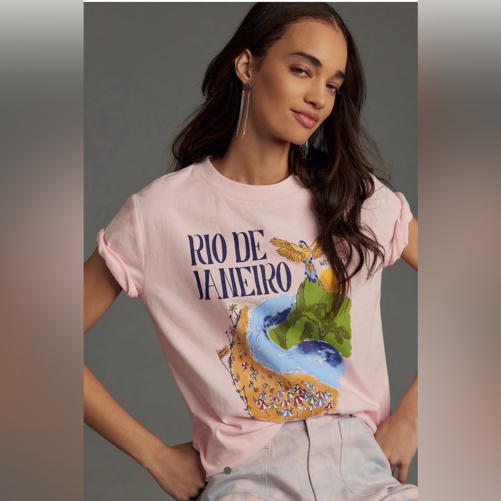 Farm Rio Pink Rio de Janeiro Graphic T-Shirt XL Barely Worn Vacation Organic